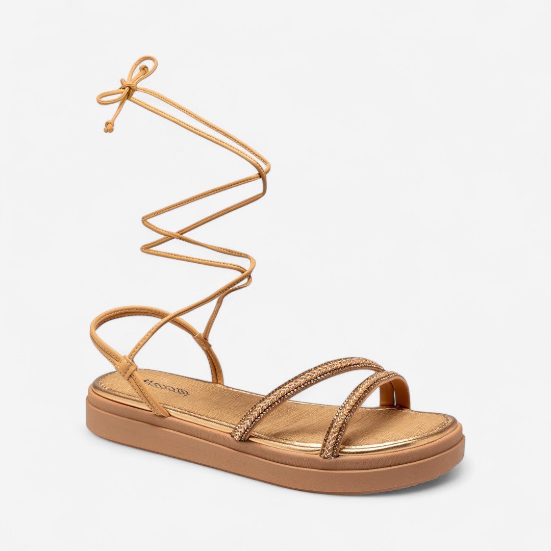 Sandália Papete Mississipi Rasteira Flat Com Amarração Nude Mel/Natural 2