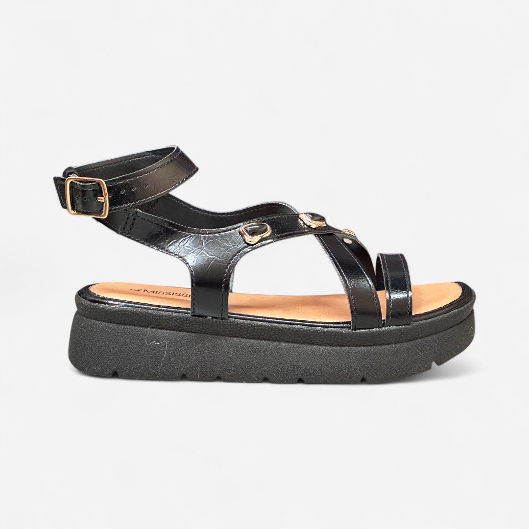 Sandália Flatform Mississipi Boho Com Pedras Preta