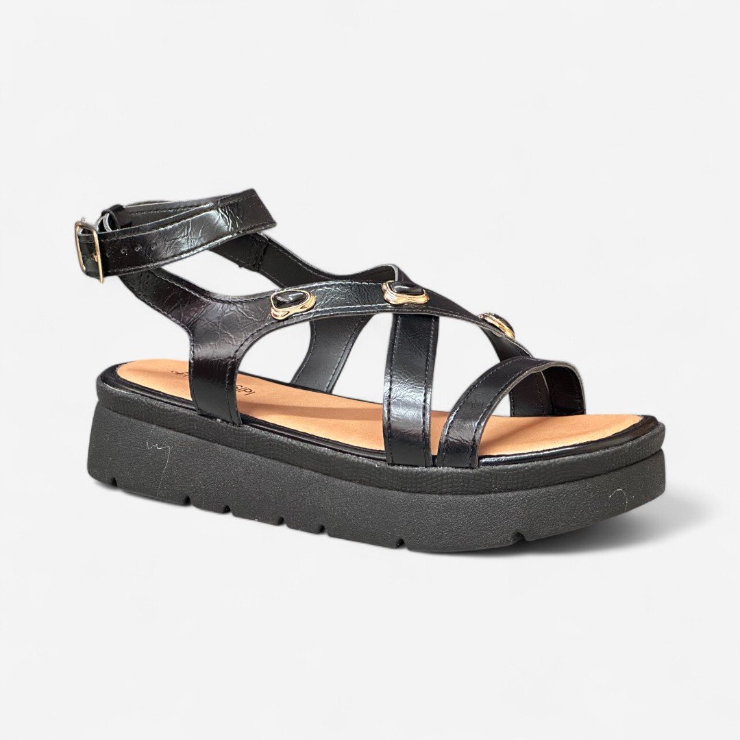 Sandália Flatform Mississipi Boho Com Pedras Preta Preto 2