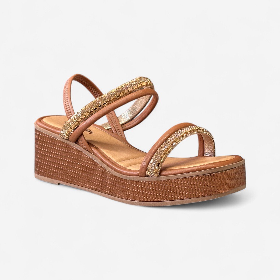 Sandália Anabela Mississipi Com Strass Caramelo Caramelo 2