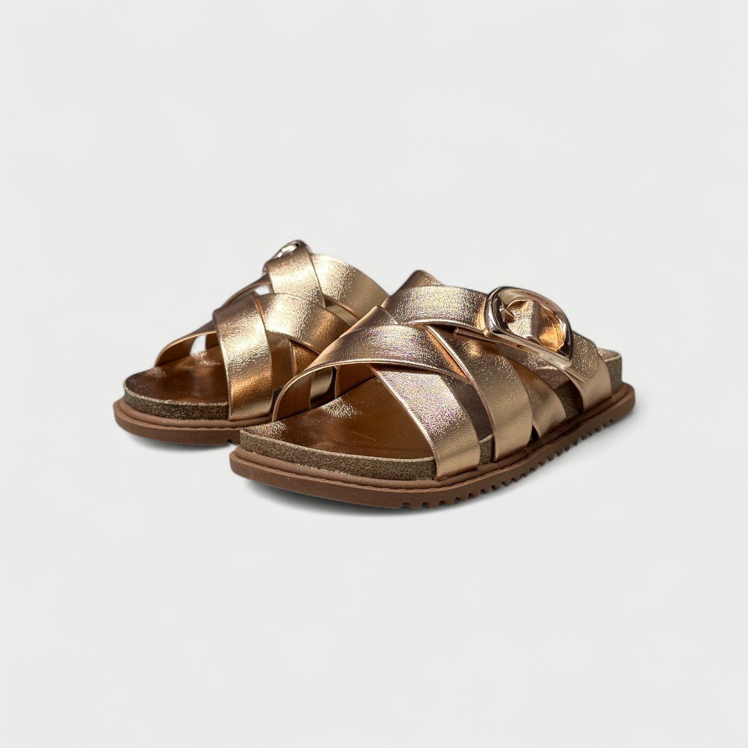 Chinelo Papete Rasteiro Molekinha Infantil Slide Metalizado Rosa Rose Dourado 3