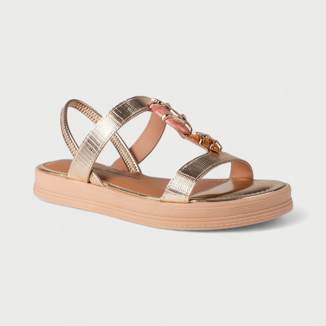 Sandália Papete Dakota Flat Com Pedras Metalizada Dourado Champagne 2