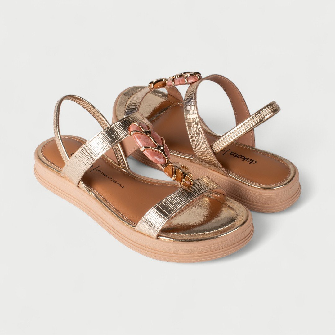 Sandália Papete Dakota Flat Com Pedras Metalizada Dourado Champagne 4