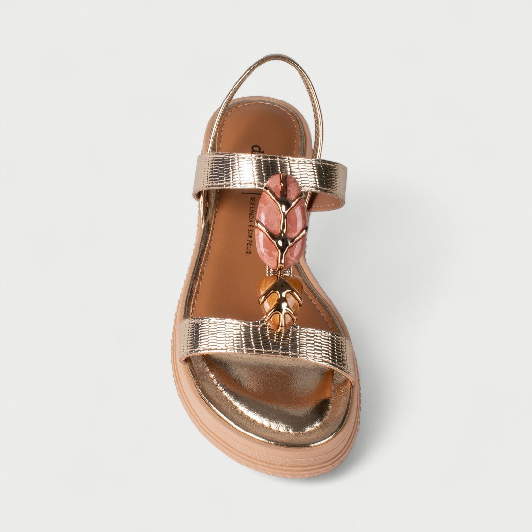 Sandália Papete Dakota Flat Com Pedras Metalizada Dourado Champagne 6