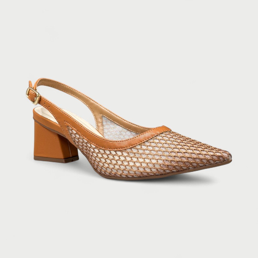 Sapato Slingback Bebecê Tela Bico Fino Salto Bloco Caramelo Mel 2