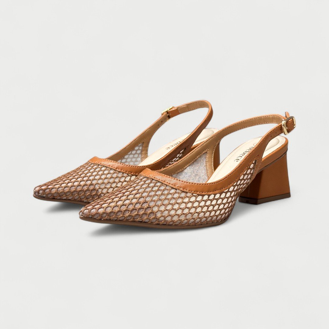 Sapato Slingback Bebecê Tela Bico Fino Salto Bloco Caramelo Mel 3