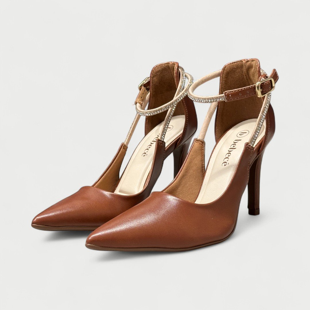 Sapato Scarpin Bebecê Salto Alto Com Strass Marrom Marrom 3