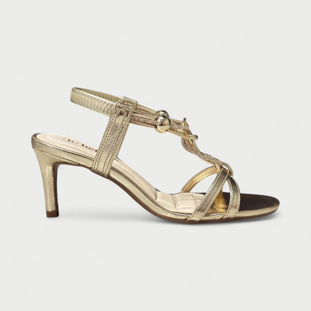 Sandália Bebecê Salto Fino Médio Com Strass Dourado