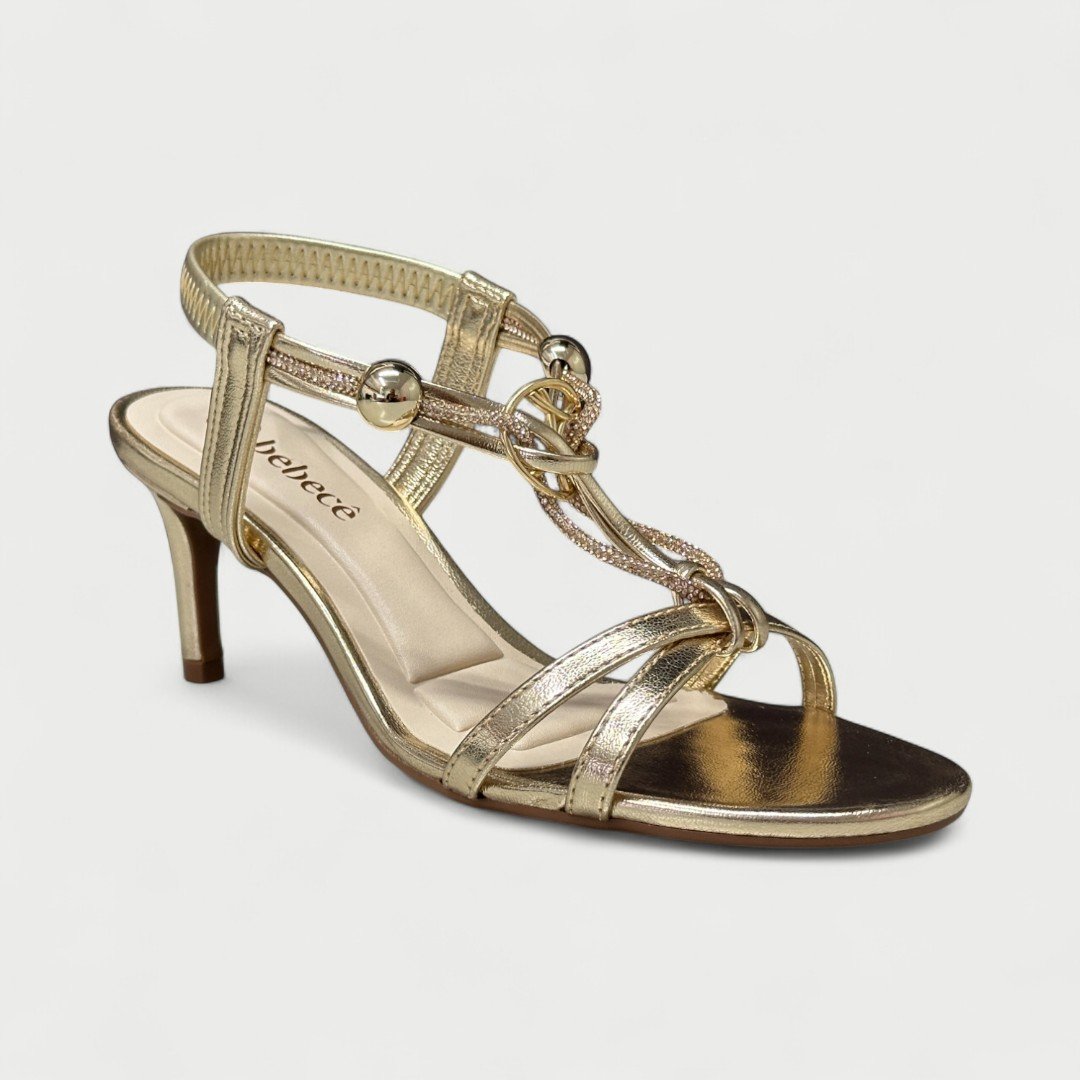 Sandália Bebecê Salto Fino Médio Com Strass Dourado Dourado 2