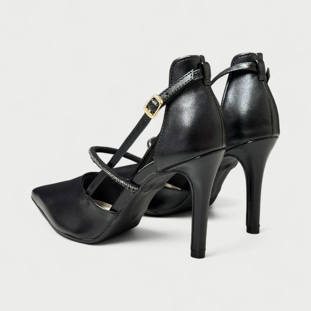 Scarpin Bebecê Salto Fino Com Strass Preto Preto 4