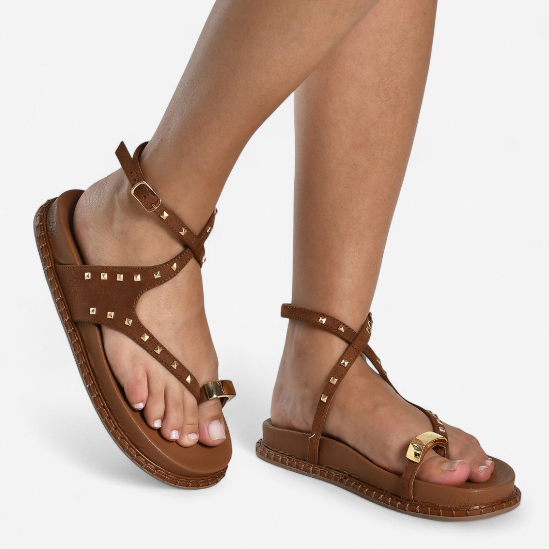 Sandália Papete Via Marte Boho Anel No Dedo Camurça Caramelo Caramelo 2