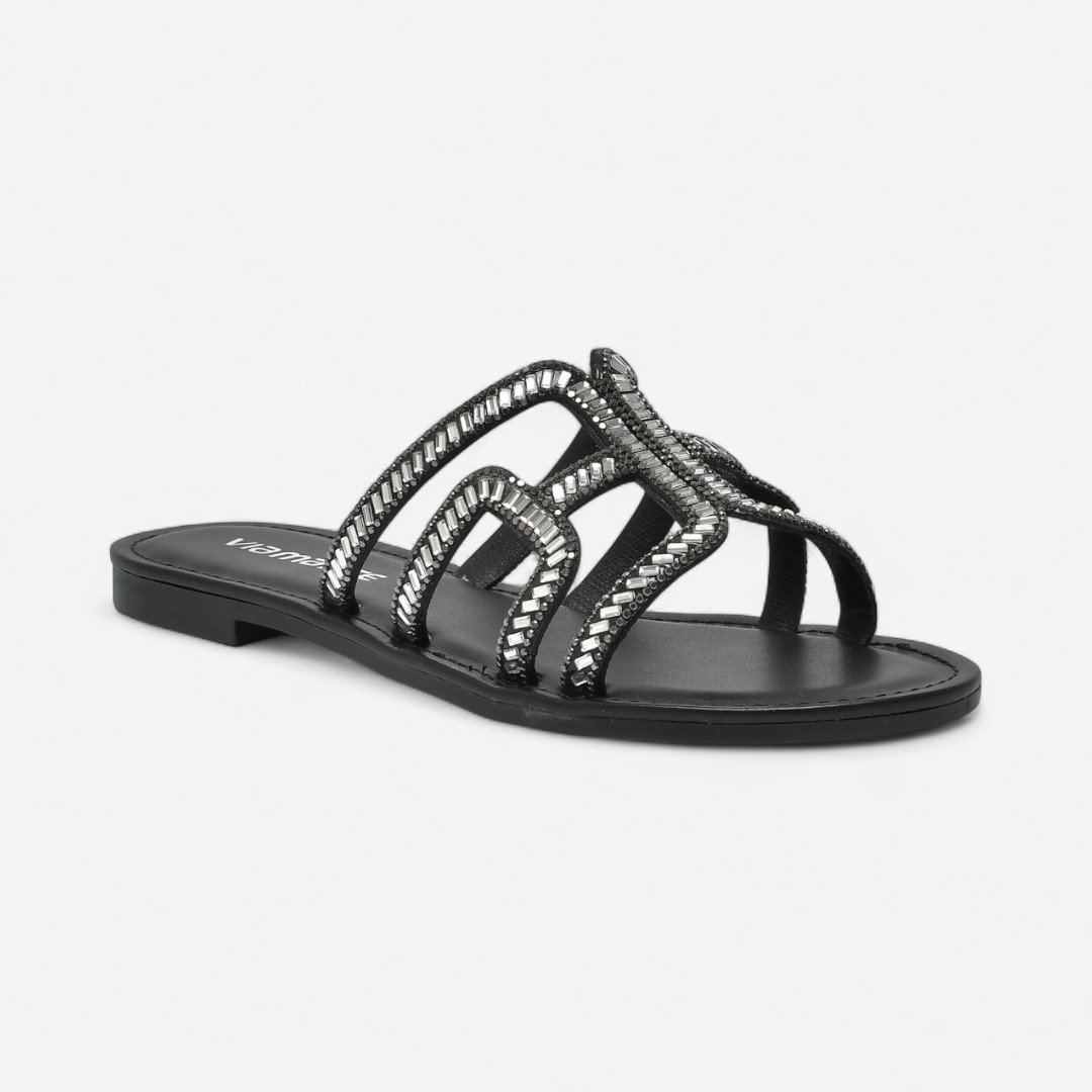 Chinelo Rasteiro Via Marte Feminino Com Strass Preto Preto 2