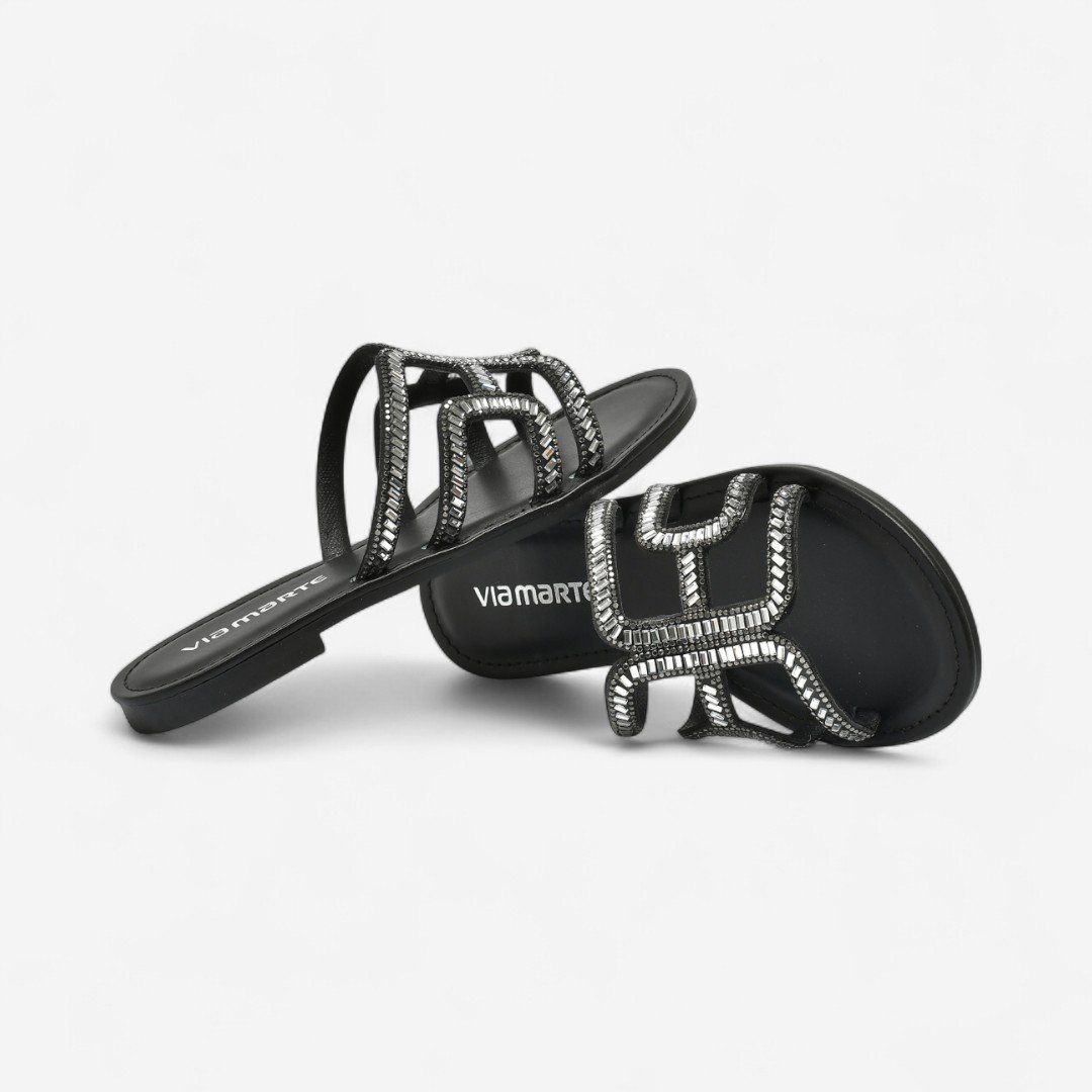 Chinelo Rasteiro Via Marte Feminino Com Strass Preto Preto 4
