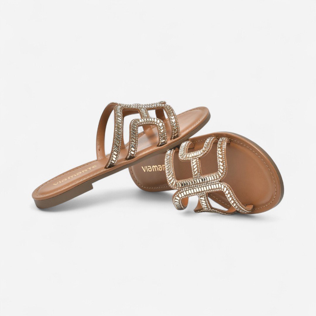 Chinelo Rasteiro Via Marte Feminino Com Strass Nude Machiato 4