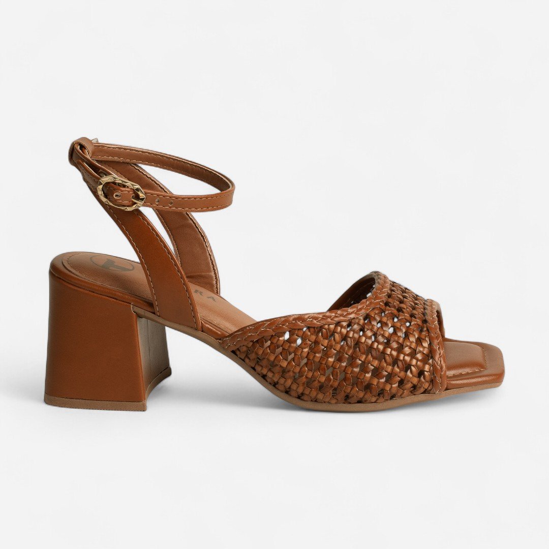Sandália Tanara Salto Bloco Tramado Caramelo
