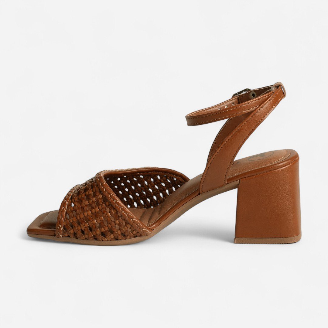 Sandália Tanara Salto Bloco Tramado Caramelo Caramelo 3