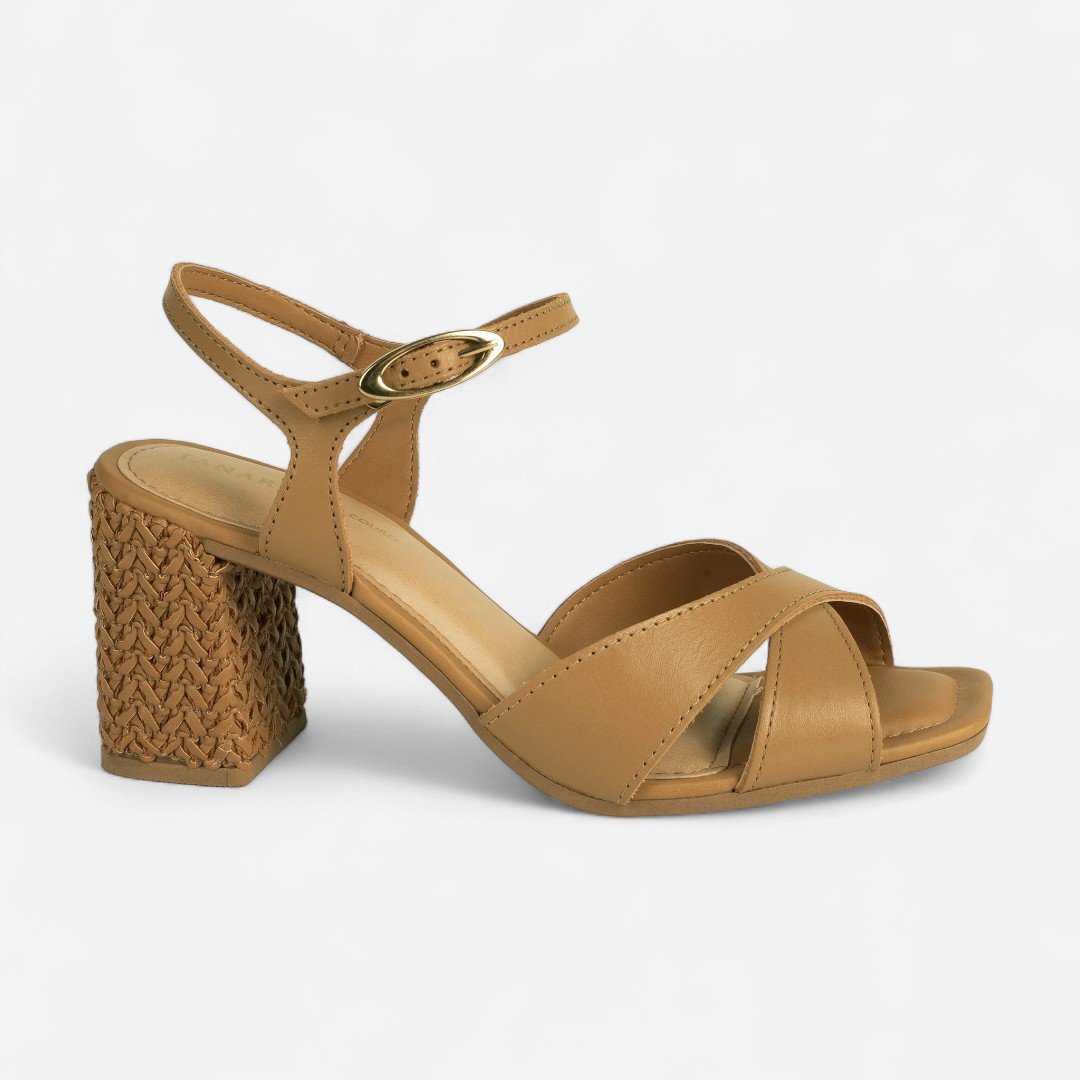 Sandália Tanara Salto Bloco Tramado Caramelo