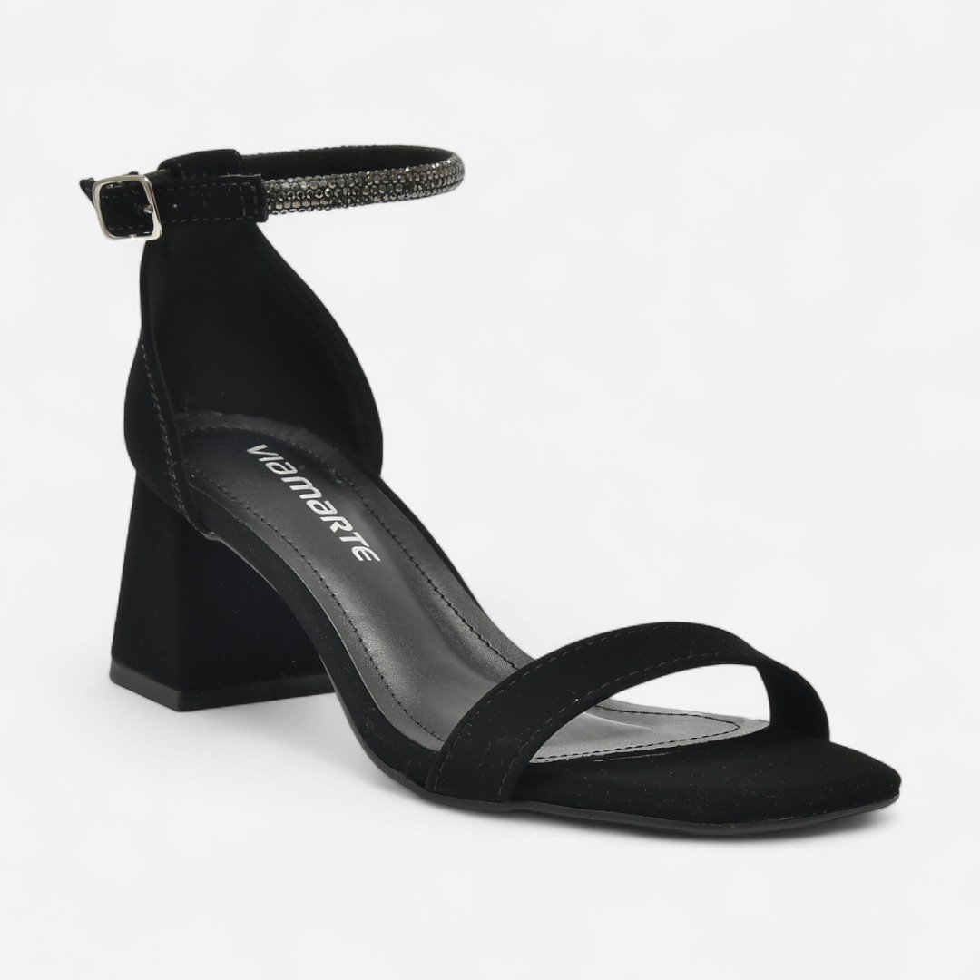 Sandália Via Marte Salto Bloco Com Strass Nobuck Preto
