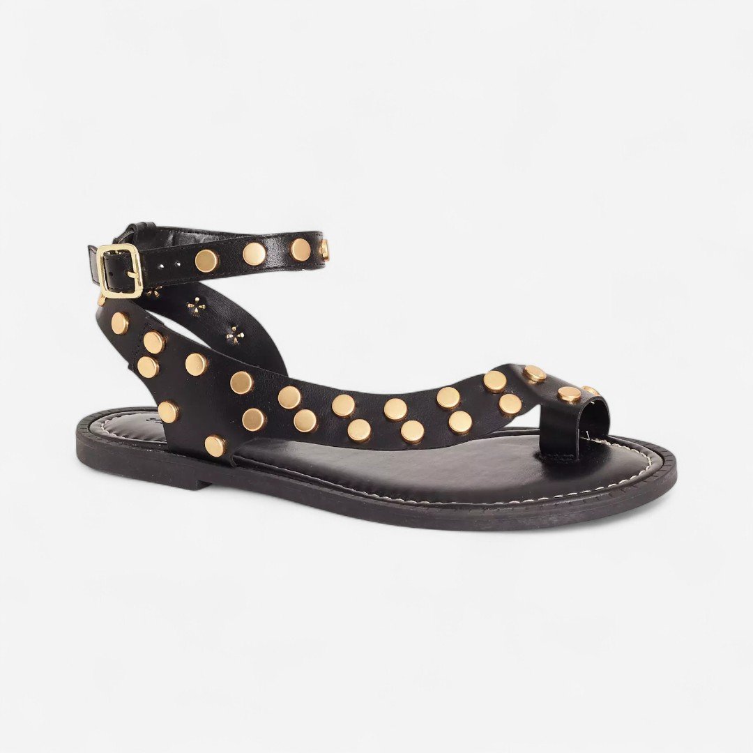 Sandália Rasteira Sonho Dos Pés Com Rebites Preta Preto 2