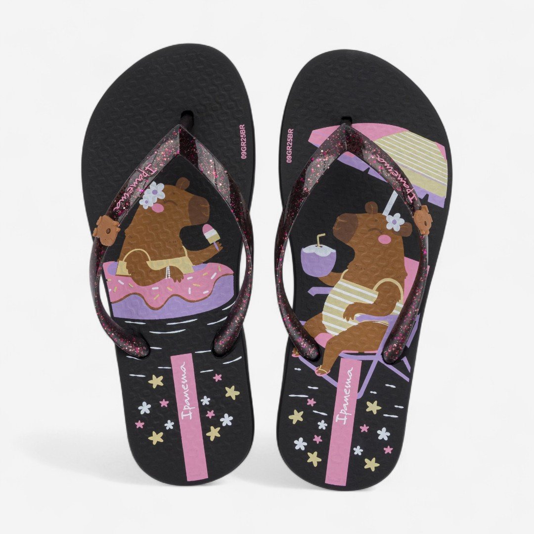 Chinelo Ipanema Hype Infantil Capivaras Preto Preto/Rosa 2