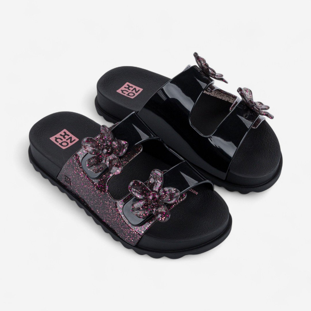 Sandália Infantil Zaxy Partner Flowers Preto Glitter Preto/Roxo 2
