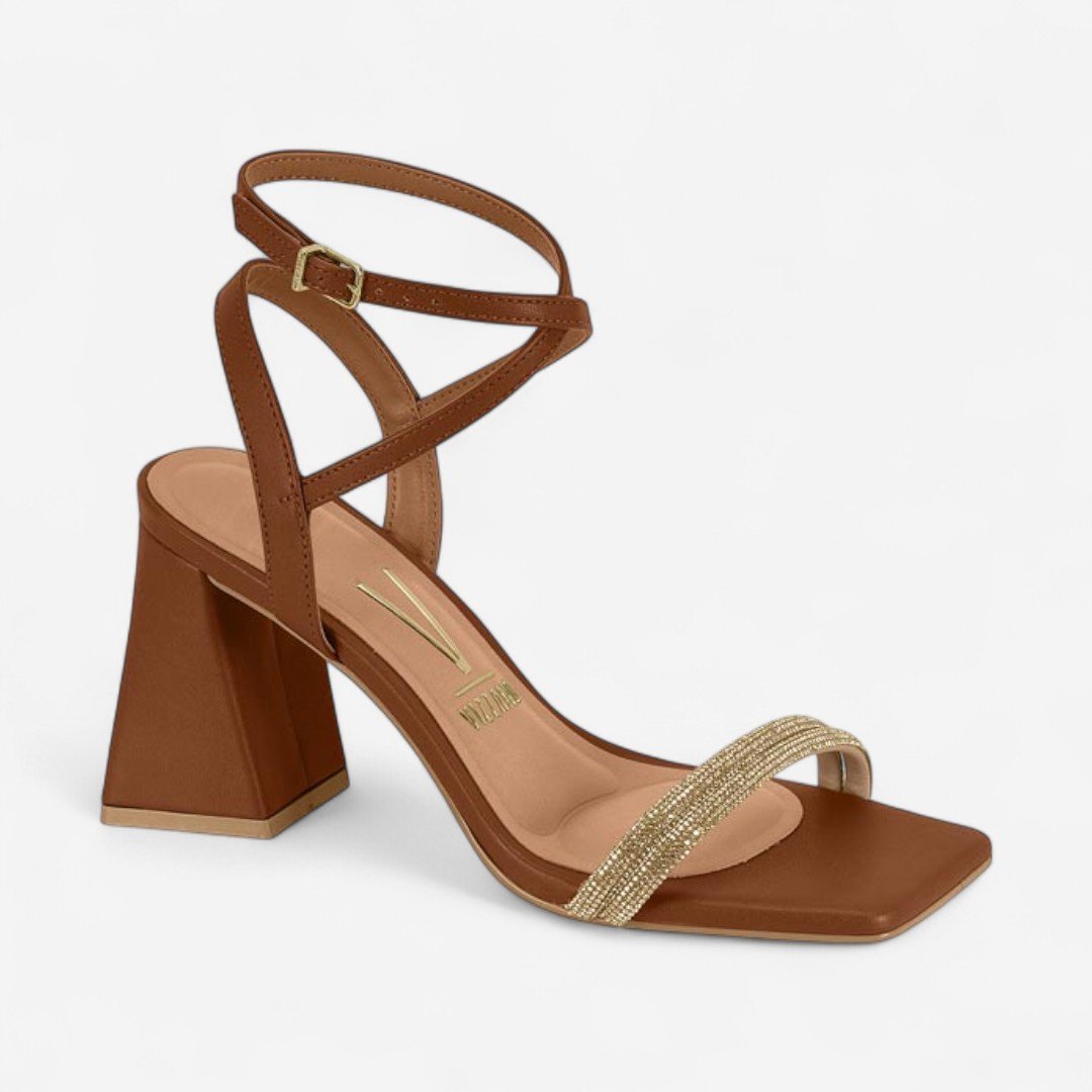 Sandália Vizzano Salto Bloco Com Strass Marrom