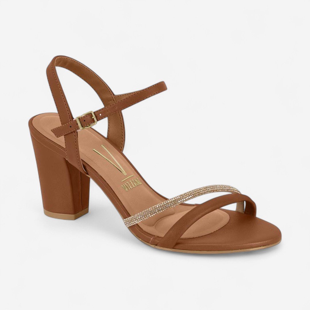 Sandália Vizzano Salto Bloco Com Strass Marrom