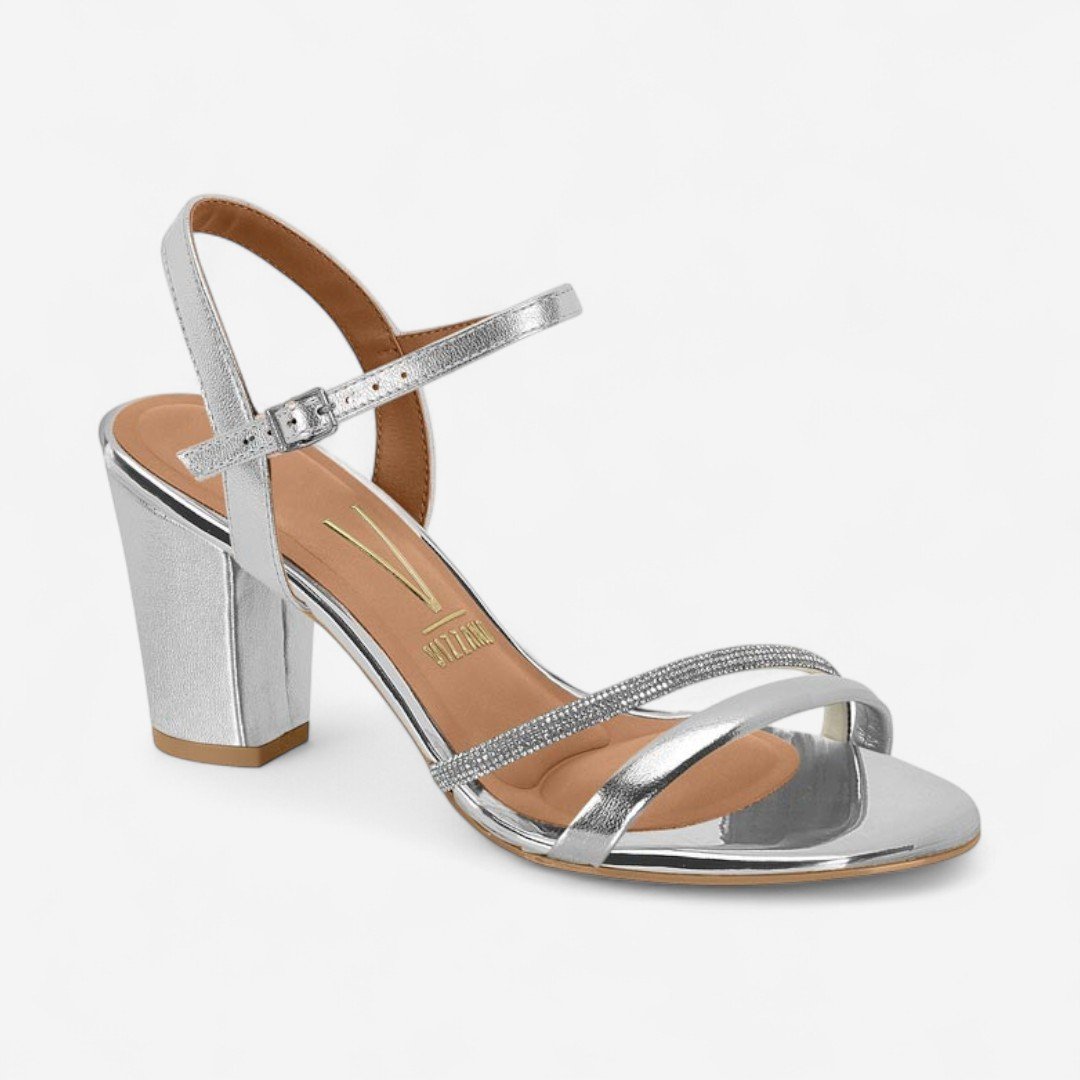 Sandália Vizzano Salto Bloco Metalizada Com Strass Prata