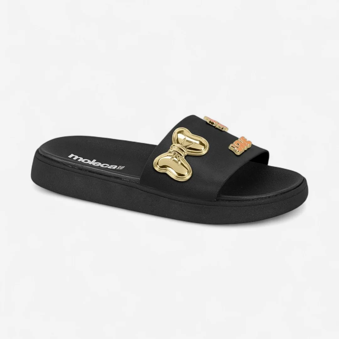 Chinelo Slide Moleca Com Pins Preto Preto 2