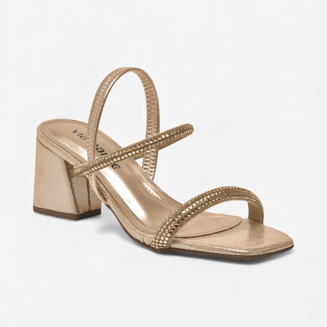 Sandália Via Marte Salto Bloco Metalizada Com Brilhos Dourada