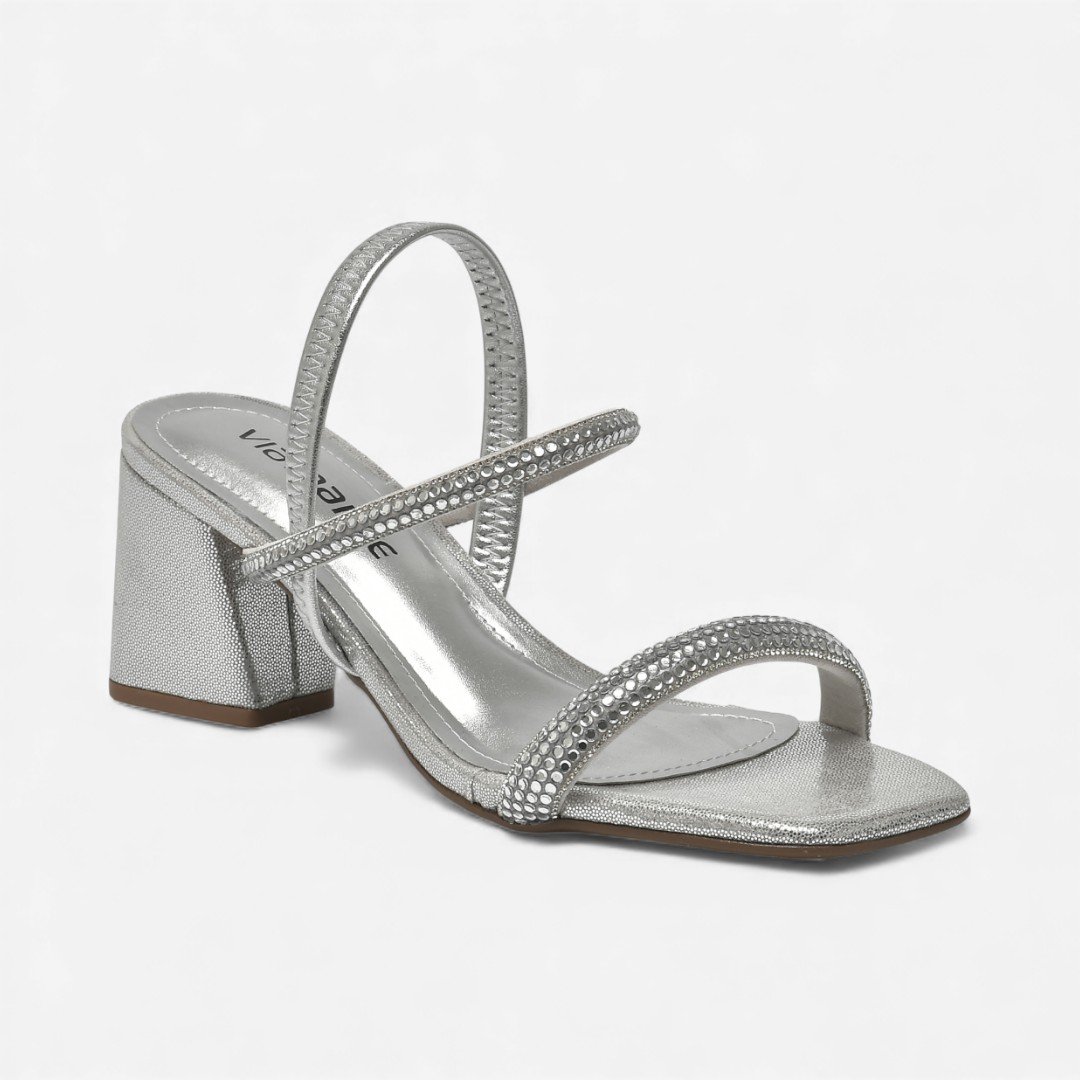 Sandália Via Marte Salto Bloco Metalizada Com Brilhos Prata