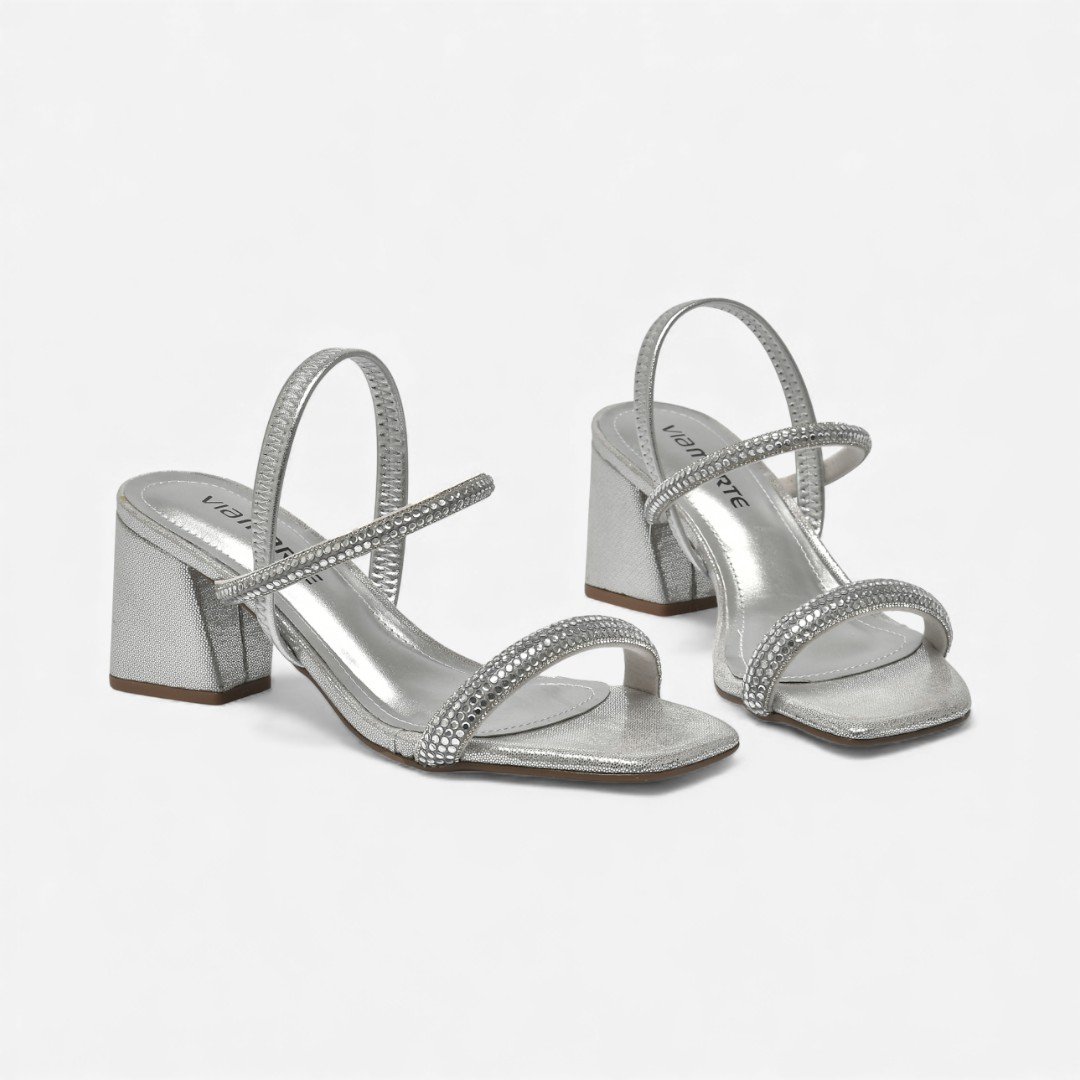 Sandália Via Marte Salto Bloco Metalizada Com Brilhos Prata Prata 3