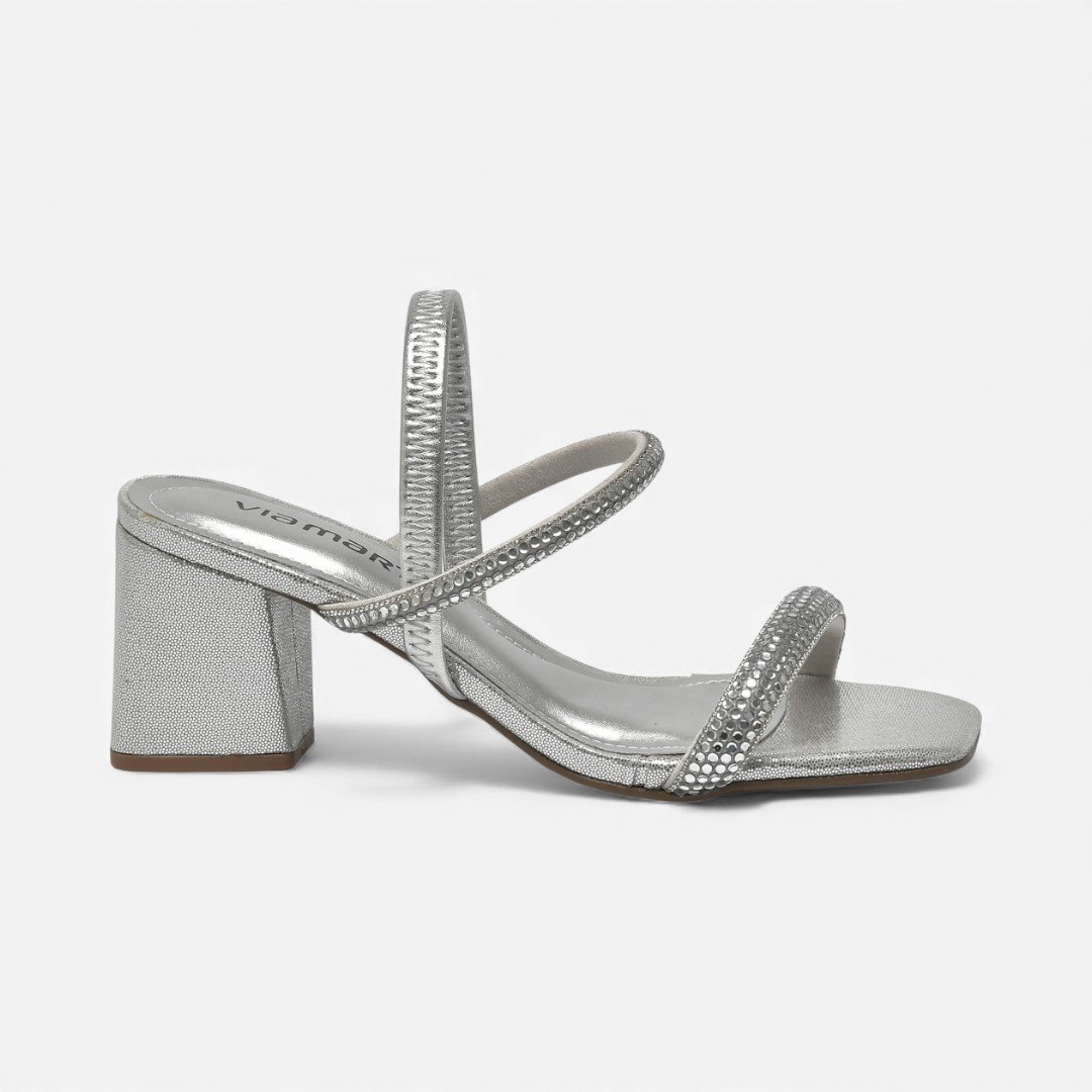 Sandália Via Marte Salto Bloco Metalizada Com Brilhos Prata Prata 4