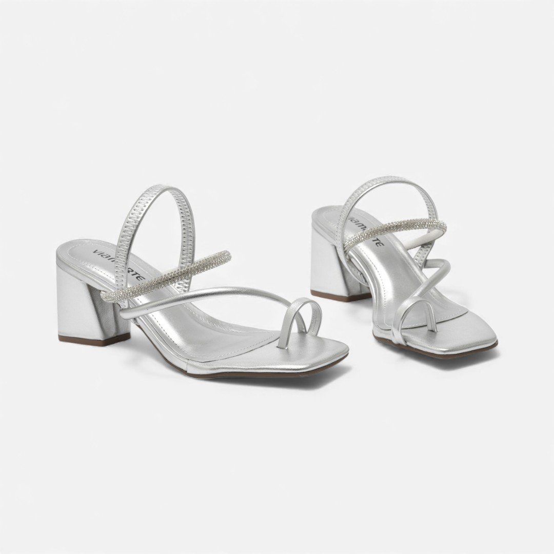 Sandália Via Marte Salto Bloco De Dedo Com Brilhos Prata Prata 3