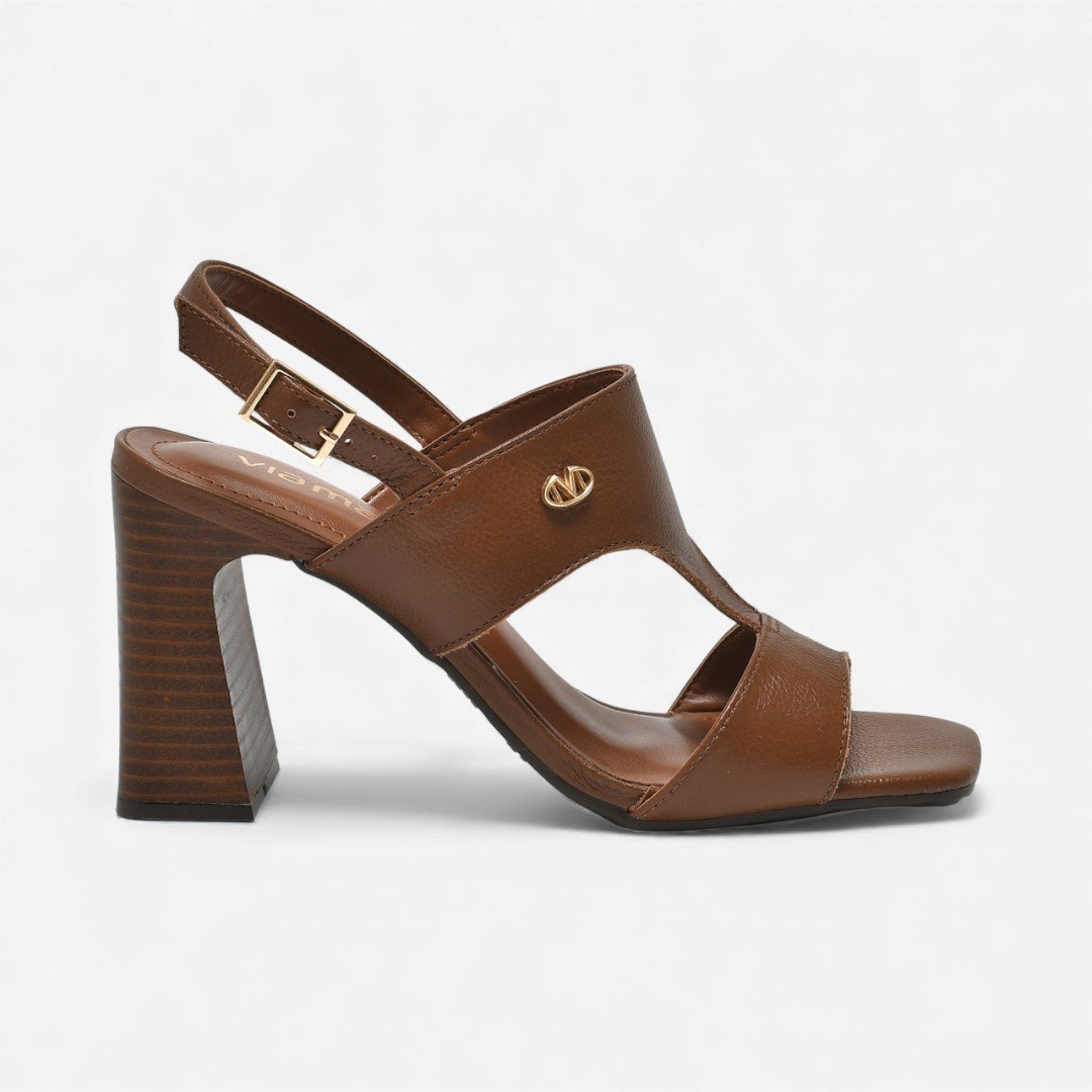 Sandália Via Marte Salto Bloco Em Couro Caramelo