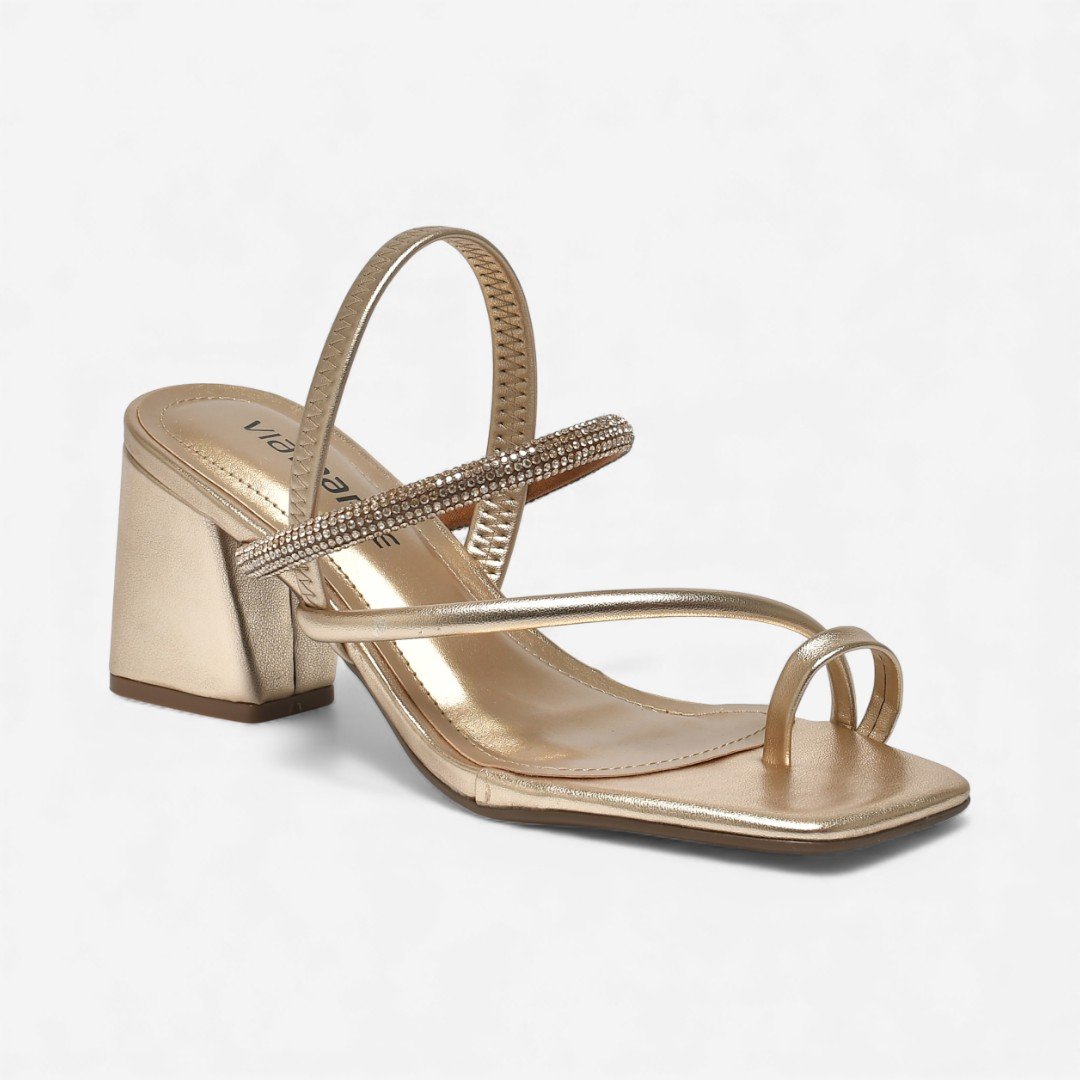Sandália Via Marte Salto Bloco De Dedo Com Brilhos Dourada