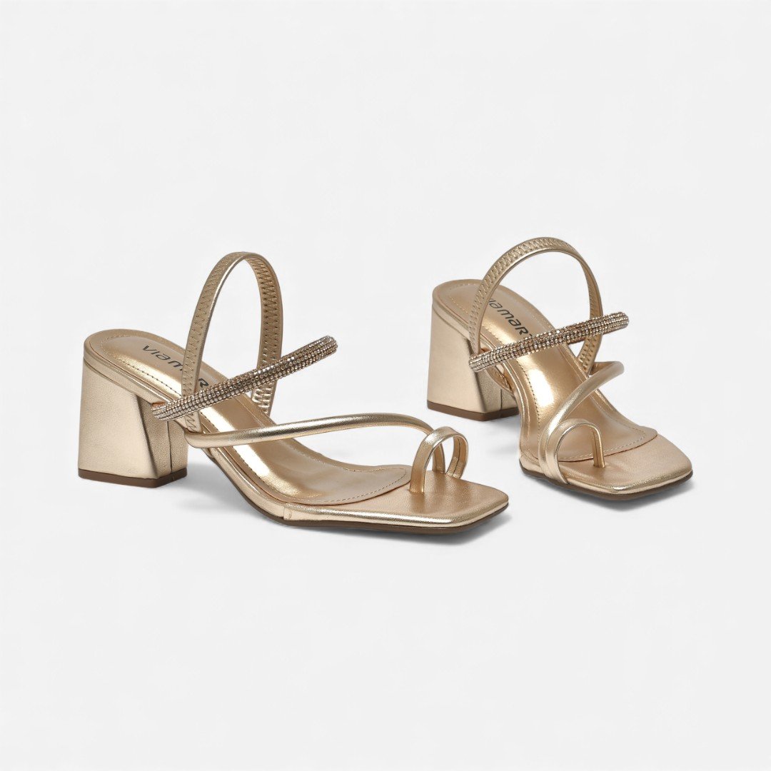 Sandália Via Marte Salto Bloco De Dedo Com Brilhos Dourada Dourado 3
