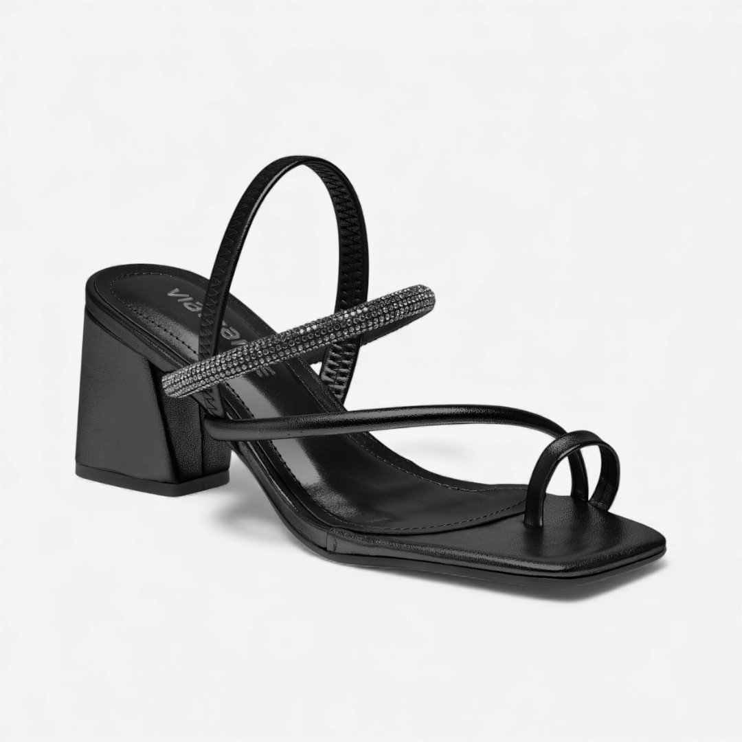 Sandália Via Marte Salto Bloco De Dedo Com Brilhos Preta