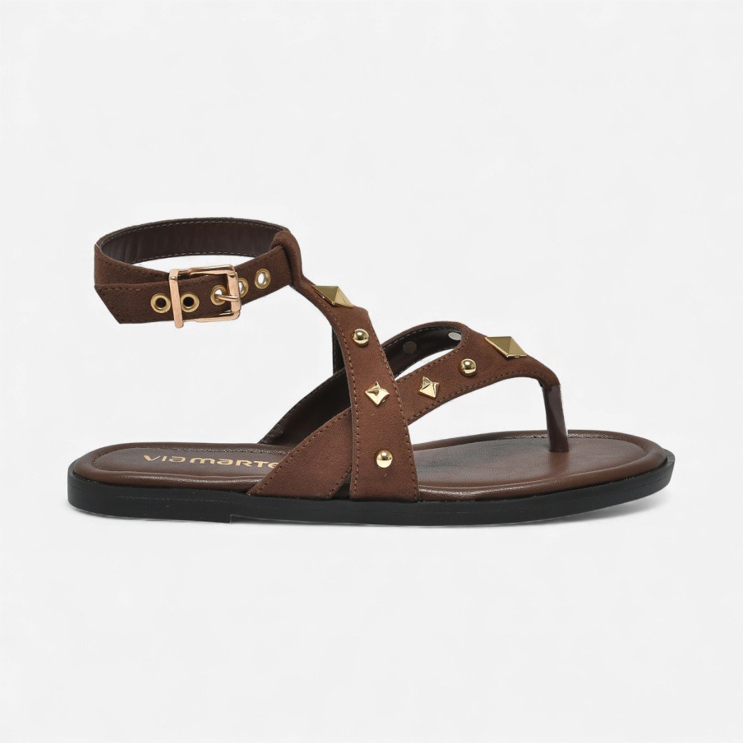 Sandália Rasteira Via Marte De Dedo Com Tachas Camurça Marrom