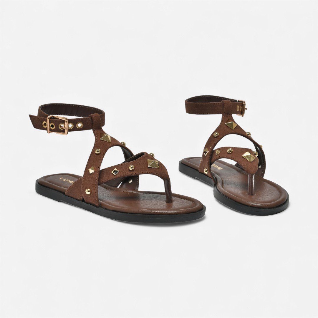 Sandália Rasteira Via Marte De Dedo Com Tachas Camurça Marrom Marrom 3