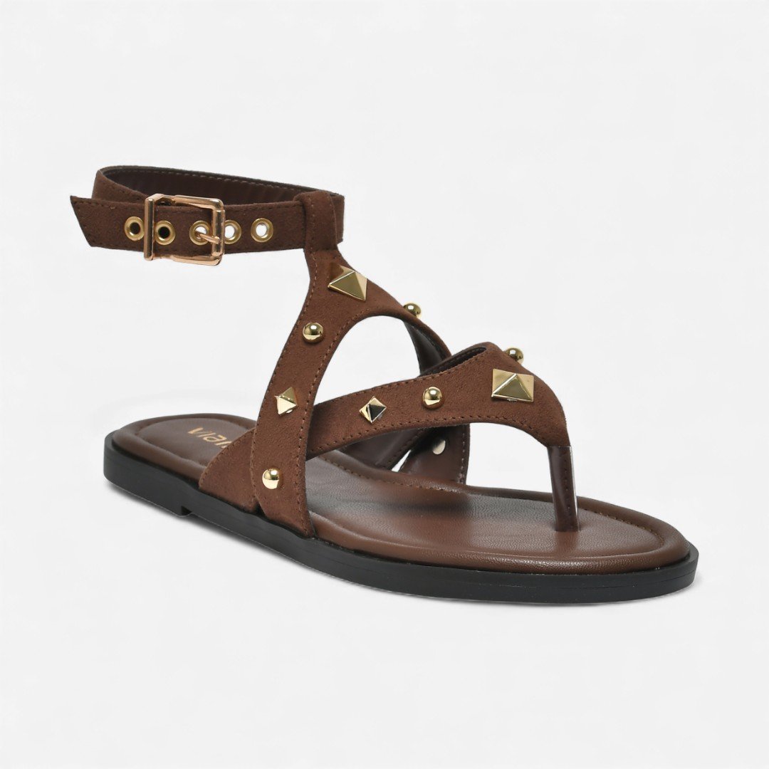 Sandália Rasteira Via Marte De Dedo Com Tachas Camurça Marrom Marrom 4