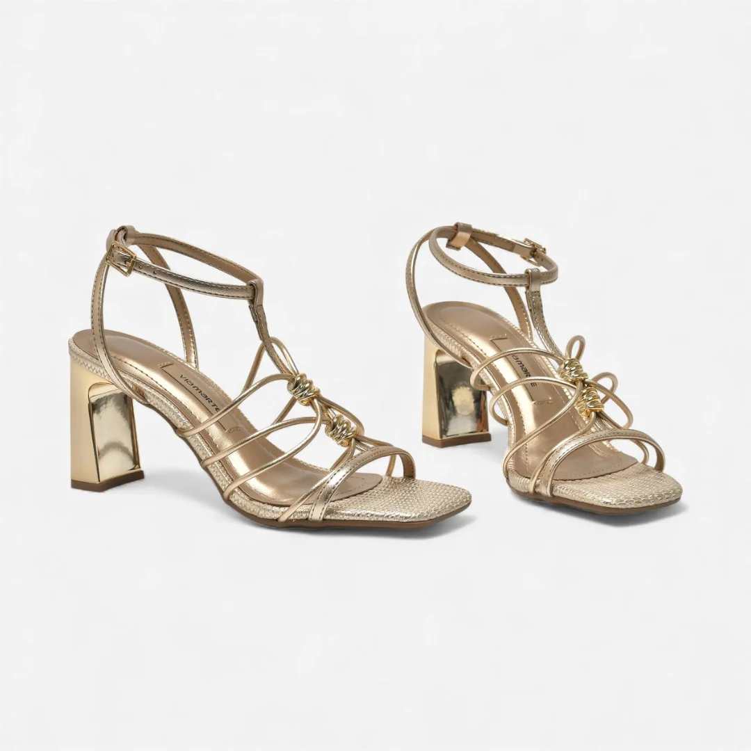 Sandália Via Marte Salto Bloco Metalizada Dourada Dourado 3