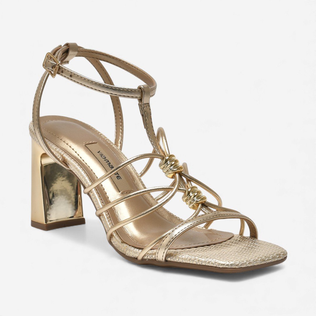 Sandália Via Marte Salto Bloco Metalizada Dourada Dourado 4
