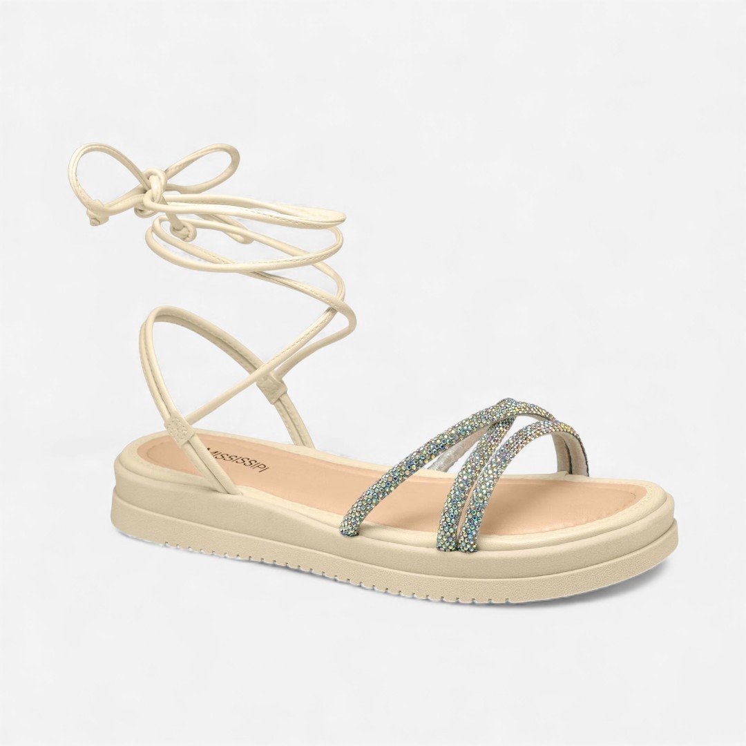 Sandália Papete Mississipi Amarração Com Strass Bege Off White 2