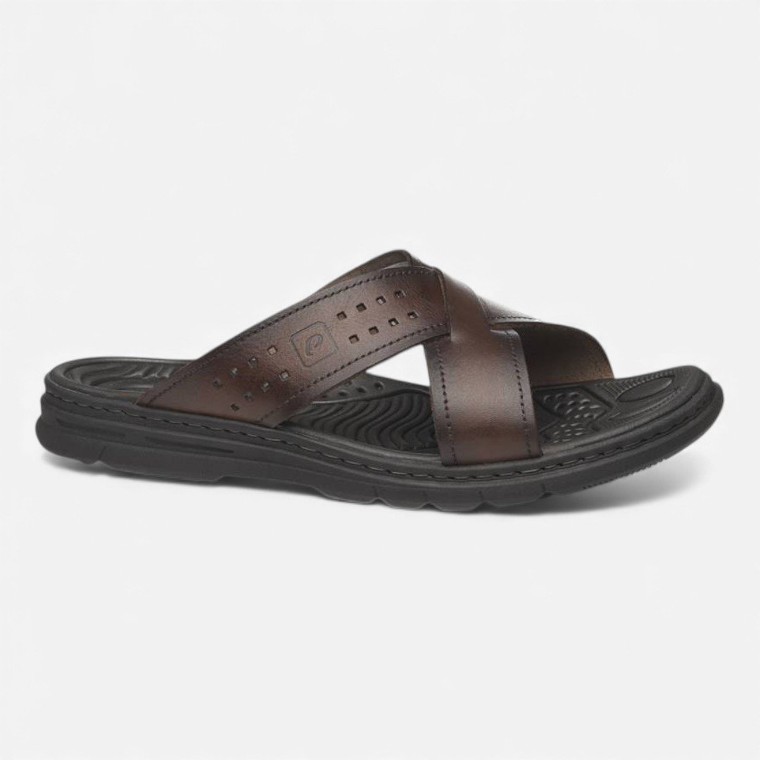 Chinelo Slide Pegada Masculino Em Couro Marrom Pinhão 2