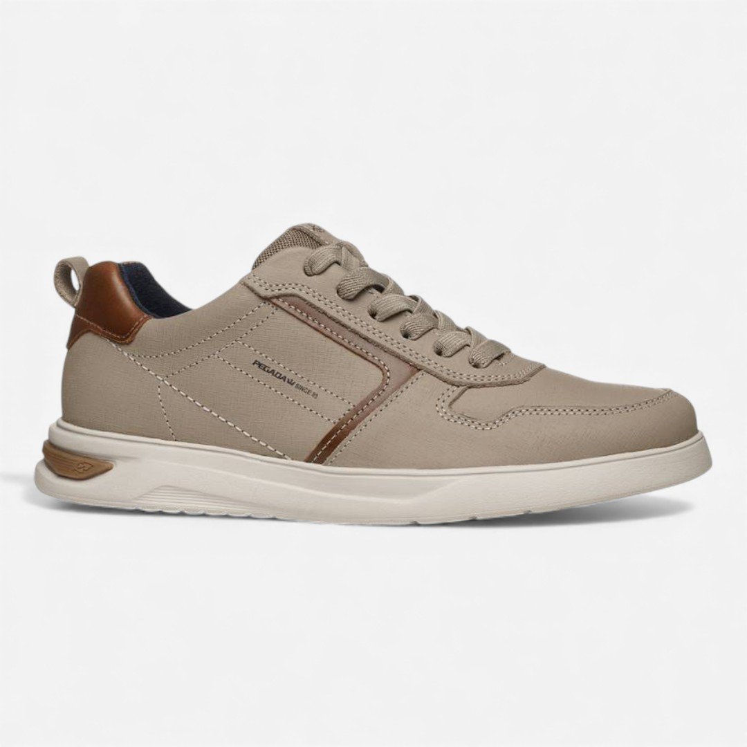 Tênis Casual Pegada Masculino Em Couro Bege Areia/Conhaque 2