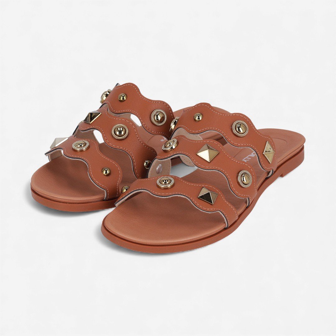 Rasteira Slide Piccadilly Com Apliques Metal Marrom Ocre 2