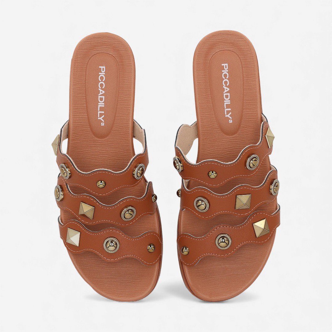 Rasteira Slide Piccadilly Com Apliques Metal Marrom Ocre 3