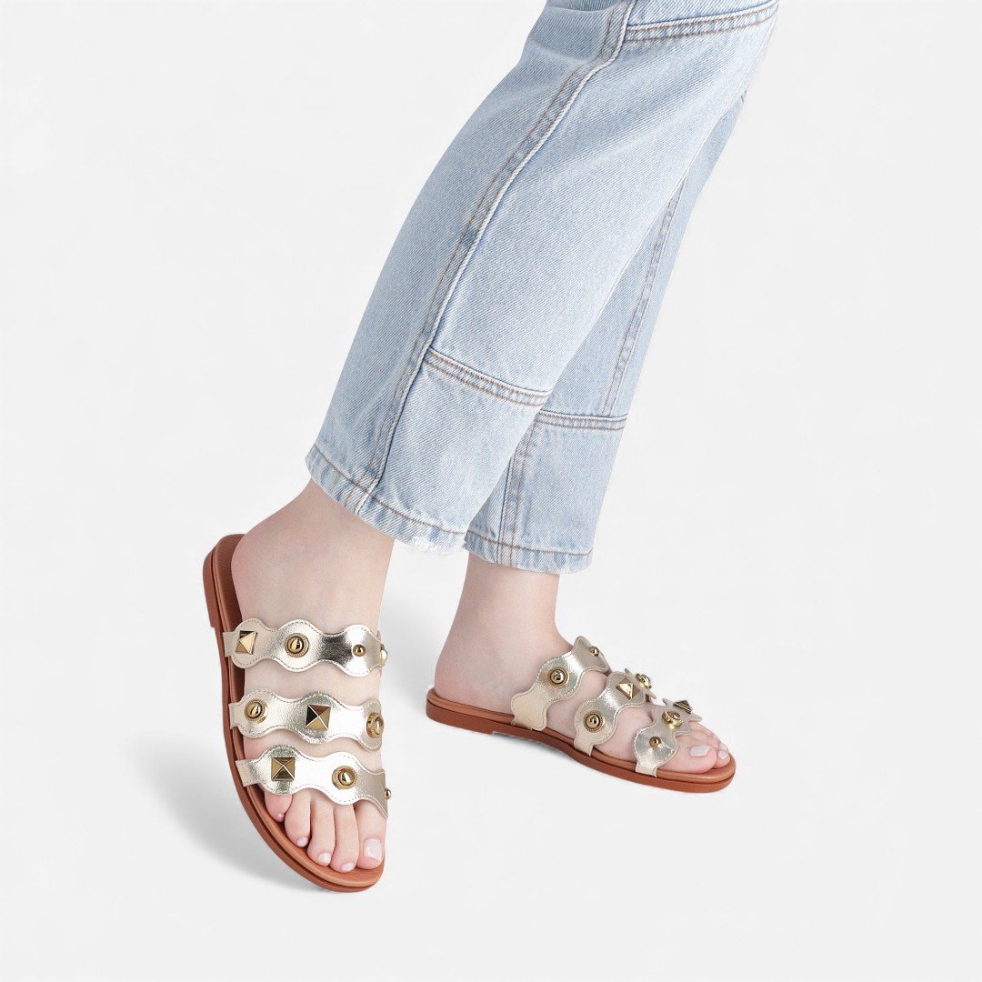 Rasteira Slide Piccadilly Com Apliques Metal Dourada Dourado 4