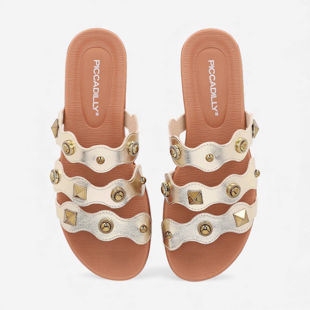 Rasteira Slide Piccadilly Com Apliques Metal Dourada Dourado 5